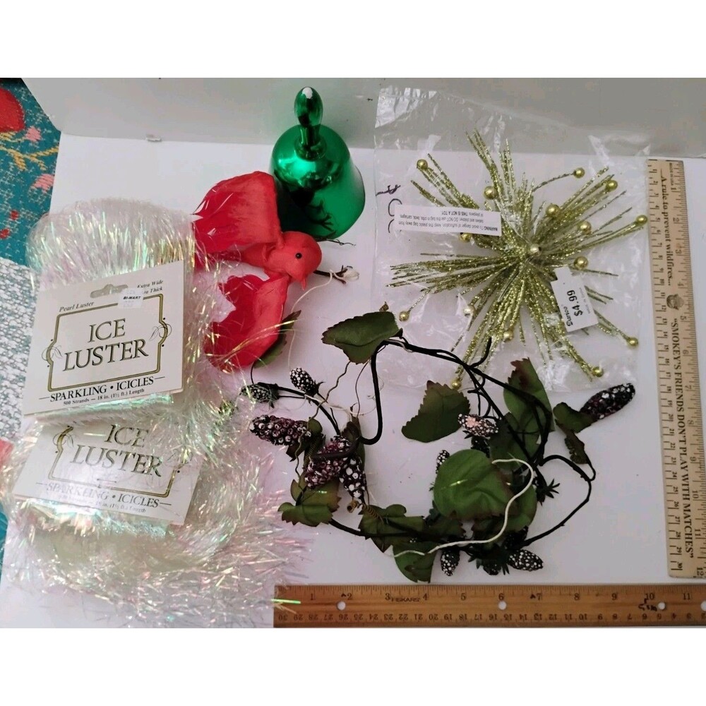 Vintage Christmas Craft Lot Ice Luster Icicles Tinsel Bird Pick Starburst Bell